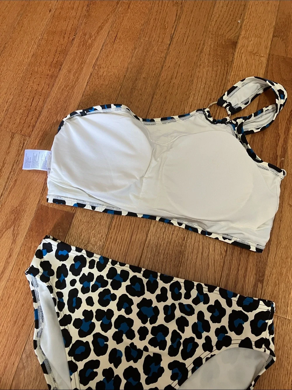 MICHAEL Michael Kors Cream Blue Leopard One Shoulder Bikini M
